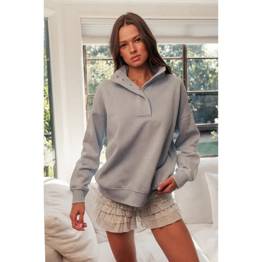 Vintage Washed Snap Buttoned Sweatshirt - Washed Cloud Blue - Pullover